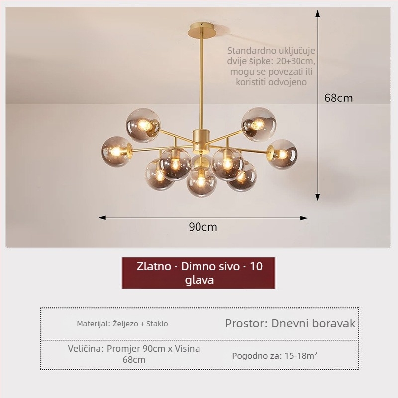 Bobasti oblik lustera u skandinavskom stilu, moderni minimalistički dizajn sa staklenim sjenilom, za dnevni boravak, blagovaonicu i spavaću sobu