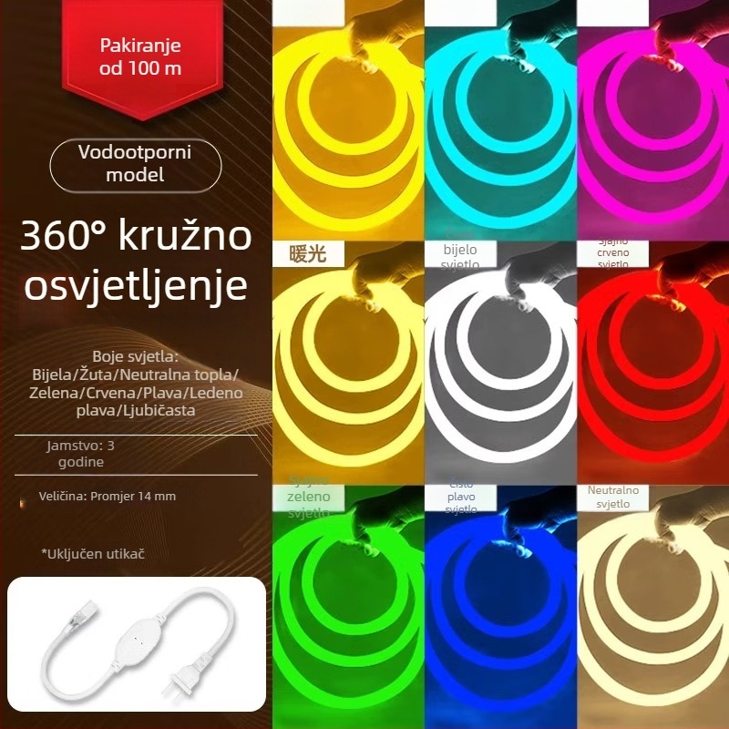 360° kružna LED neonska fleksibilna traka, vodootporna jednobojna, silikon, za vanjsku upotrebu