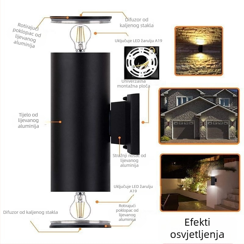 Vanjska aluminijska zidna lampa, vodootporna, cilindričnog dizajna s dvostrukom glavom rasvjete, za verandu, dvorište i terasu