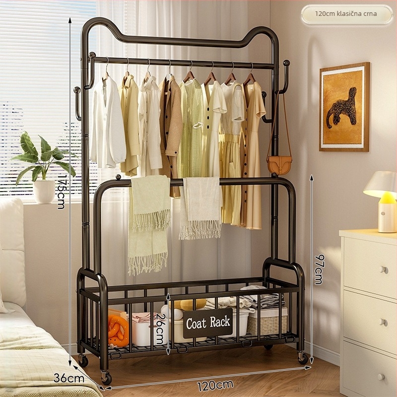 Prenosivi dvostruki stalak za odjeću s dvije šipke, podni stalak za unutarnju upotrebu