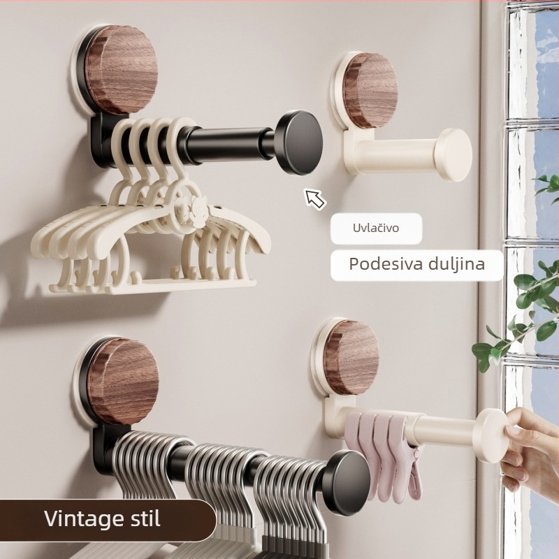 Zidna vješalica za odjeću sa usisnim čašicama, balkon skladište, vintage stil, višenamjenski teleskopski štap