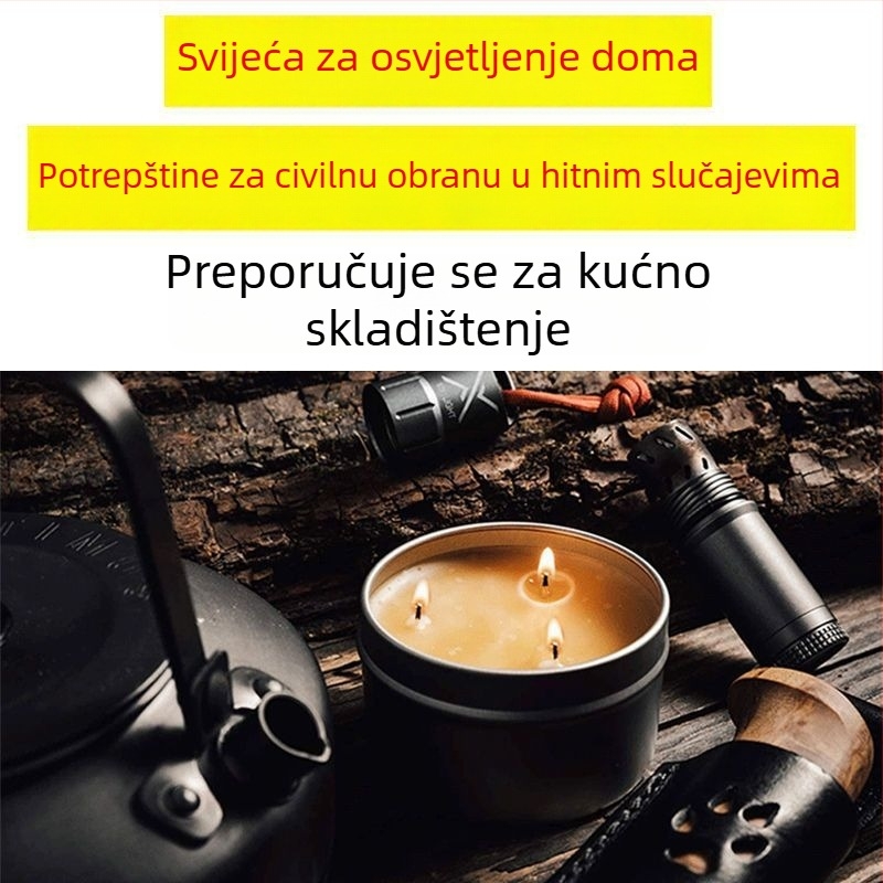 Svečica za nužno osvjetljenje sa sojinim voskom, dugotrajna u cilindričnoj metalnoj kutiji