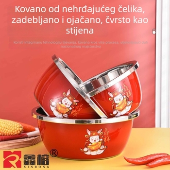 Crvena posuda od nehrđajućeg čelika s poklopcem, debela konstrukcija za kućnu upotrebu; kuhinjska zdjela za mućenje jaja i mijesenje tijesta, zdjela za juhu, pranje povrća i pohranu ulja.