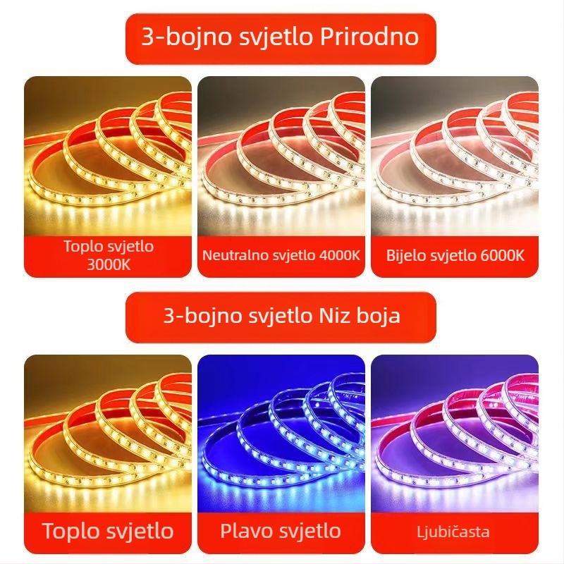 LED traka 220V, trobojna, tri reda, ultra jako svijetla, vodootporna za vanjsku i unutarnju dekoraciju, linearni tip
