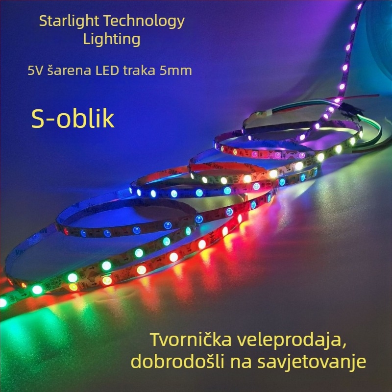 5V RGB LED traka s ugrađenim WS2812 IC-om, širina 5 mm, S-oblik trake, 5050/3535 LED, dimmable, visoka svjetlina