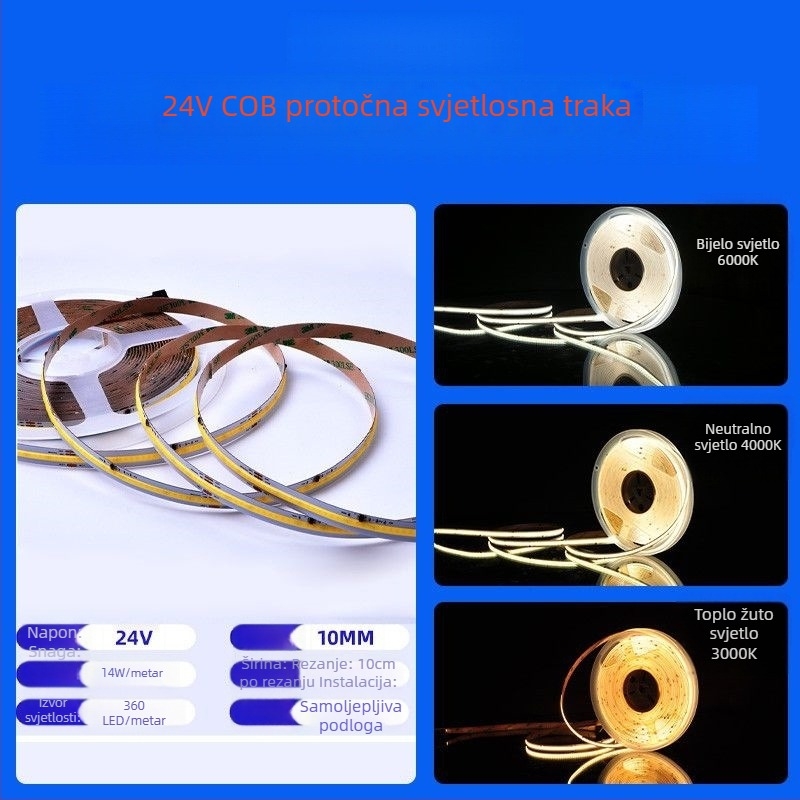 24V COB LED traka s tekućim svjetlom, trobojnom CCT, efektom jurećeg svjetla, fleksibilna samoljepljiva LED traka, regulabilna svjetlina