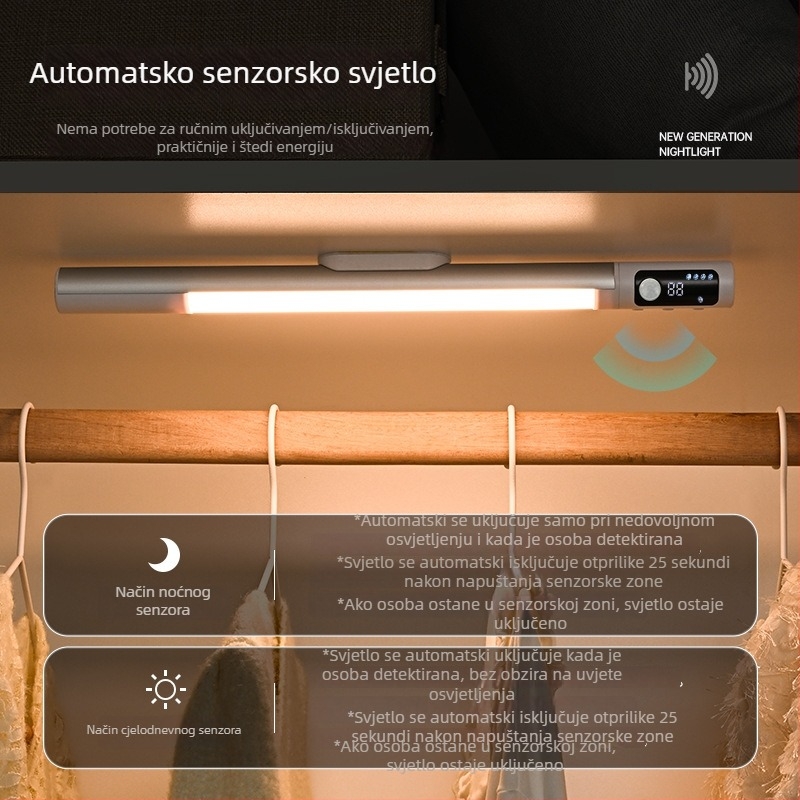 LED traka sa senzorom pokreta i magnetskim držačem, samoljepljiva za ormariće i ormare