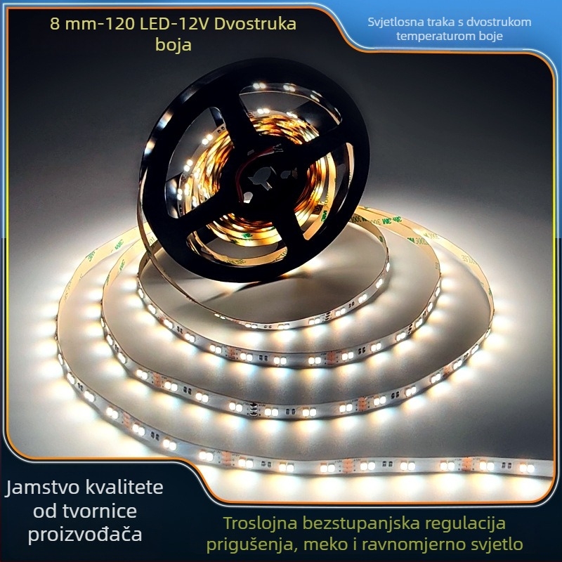 LED traka s ljepiljkom 2835, dvobojna temperatura boje (CCT), 12V, glatko dimiranje i podešavanje boje, visoka svjetlina