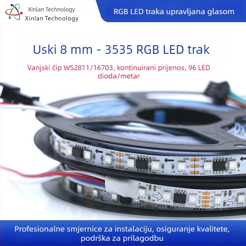 WS2811 RGB LED traka, 12V, 96 LED-ova, širina 8 mm, puni boje tekući efekt, daljinski upravljač, prilagodba svjetline, nije vodootporna
