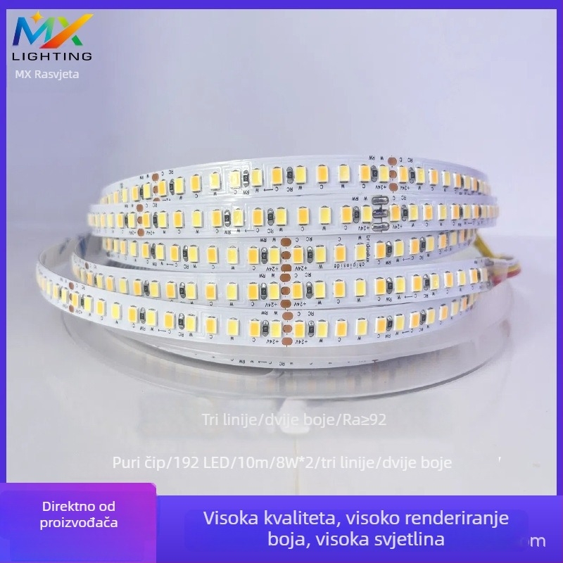 Purui 24V LED trak s visokim CRI, dvobojni, trožilni, niskonaponski, 192 LED/m