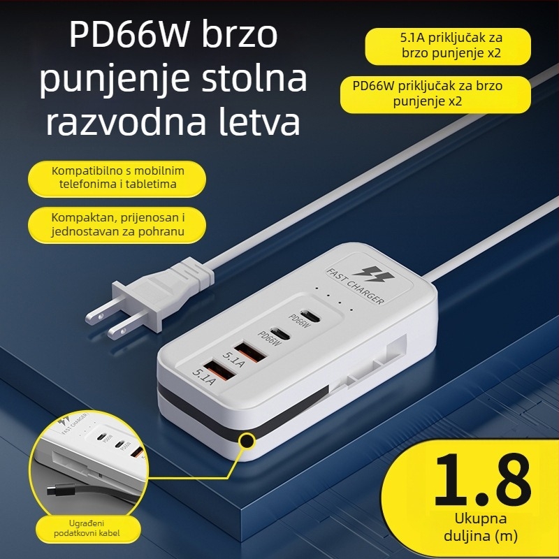 66W multifunkcionalni USB punjač s više portova – Tpyec kućna utičnica i produžni kabel za telefon