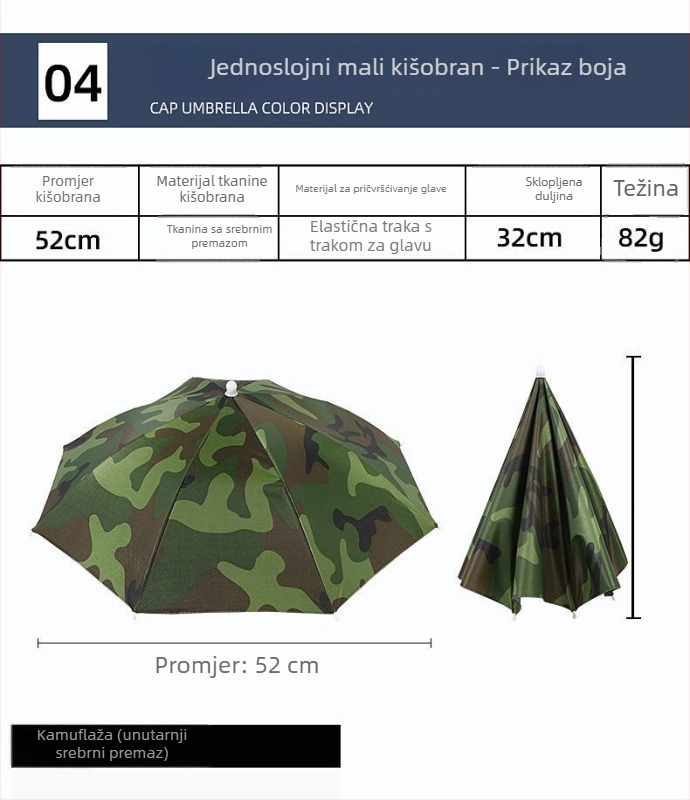 Yi Tian 30 cm kišobran kapa za glavu s srebrnim premazom, promjer kupole 52 cm