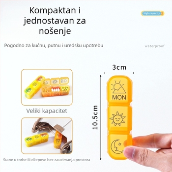 Kutija za lijekove za 7 dana, 21 pretinaca, PP prehrambene kvalitete, zatvorena, velika kapaciteta, crtani stil