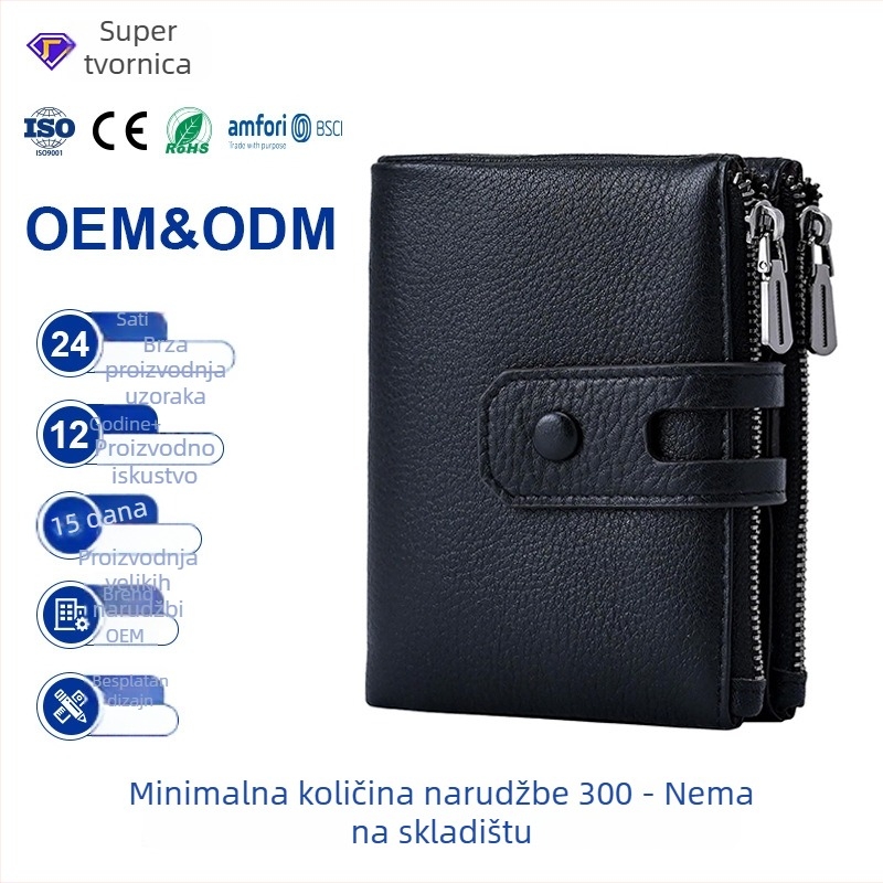 RFID PU kožni novčanik za kartice, kratki bi-fold, kompaktan dizajn, više pretinaca za kartice i novčanik s zatvaračem za novčiće