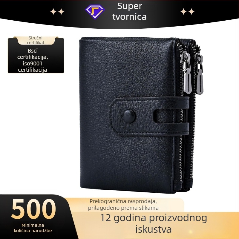 RFID PU kožni novčanik za kartice, kratki bi-fold, kompaktan dizajn, više pretinaca za kartice i novčanik s zatvaračem za novčiće