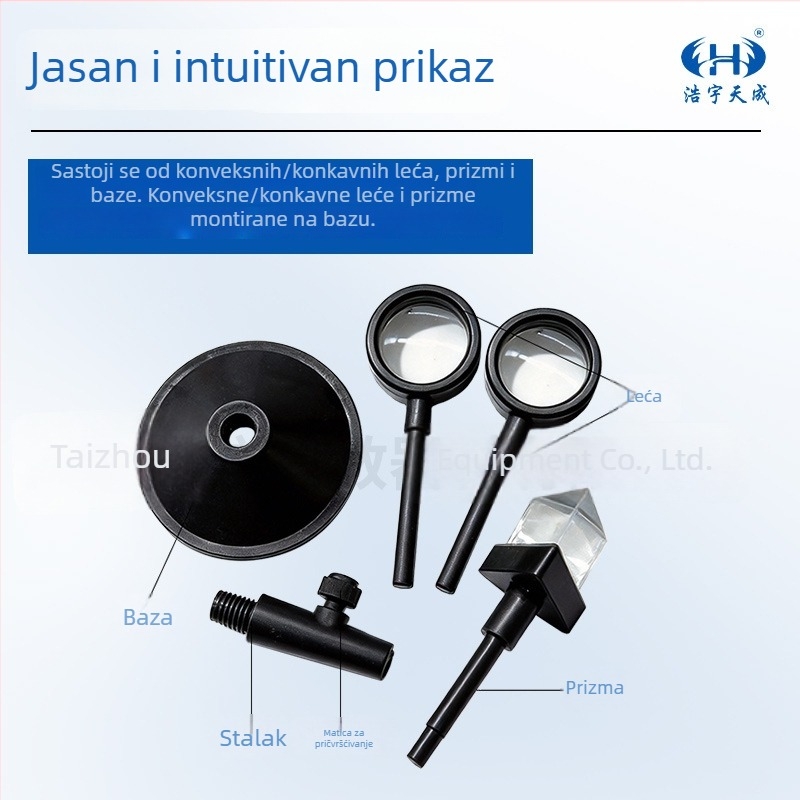 Instrument za nastavu fizikalne optike s konveksnim i konkavnim lećama, prizma i nosač