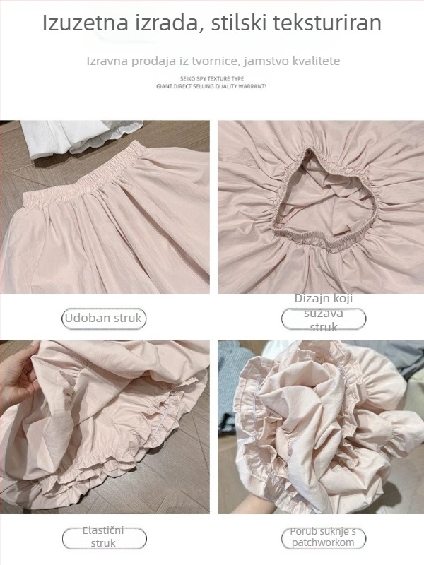 Ružičasta kratka suknja s A-linijom, visokim strukom, lagana Ice Silk tkanina, ljetni komad