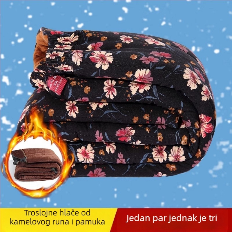 Zimske hlače za starije žene, s flisom, debele i udobne, s cvjetnim uzorkom, za vanjsku upotrebu