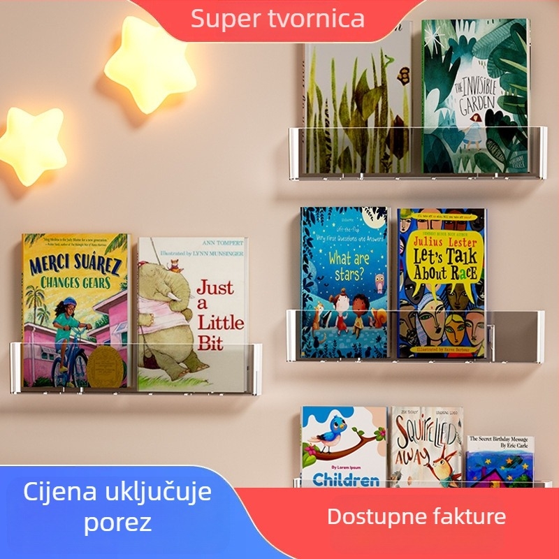 Zidni regał za dječje slikovnice, bez bušenja, moderan minimalistički dizajn