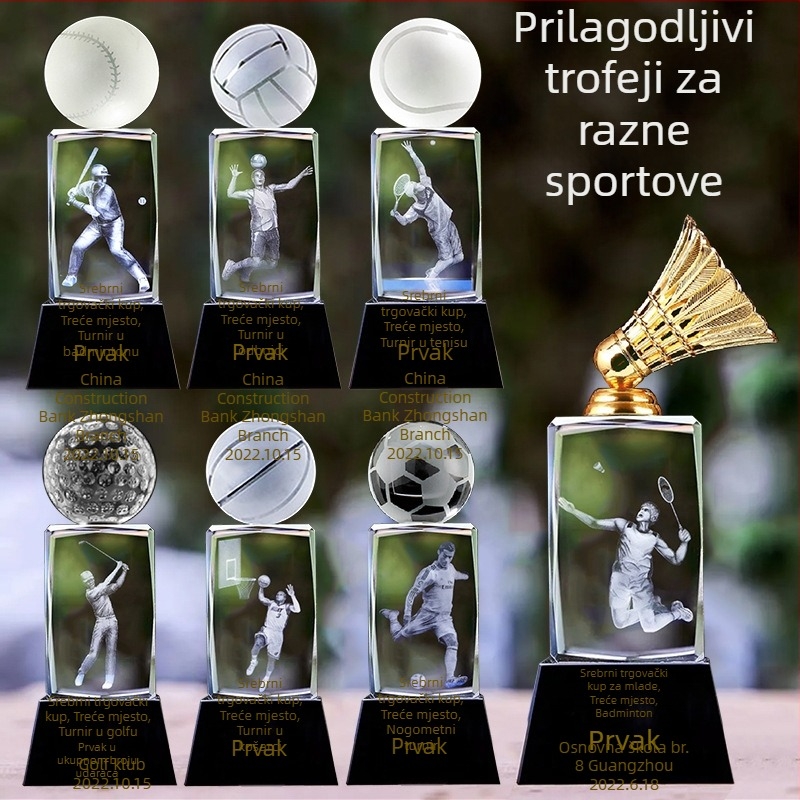 Kristalna trofeja s unutarnjom gravurom za sportove: košarka, nogomet, odbojka, tenis, bejzbol i badminton – nagrada za sportsko natjecanje