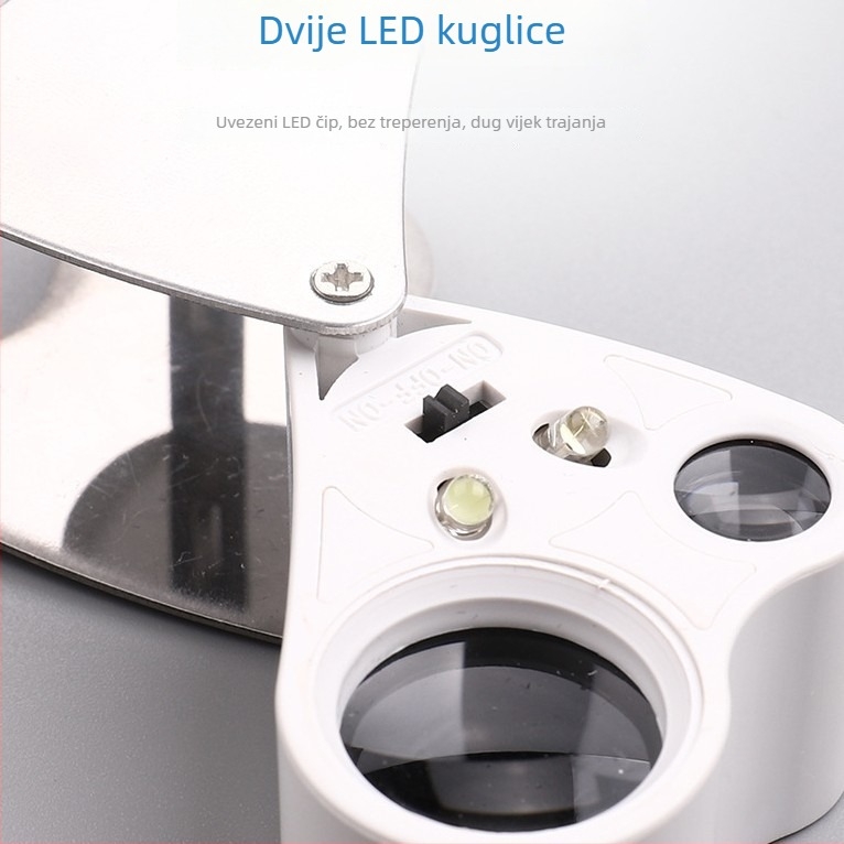 Sklopiva lupa za nakita 30×/60×, model 9889, s LED svjetlom, za procjenu antikviteta i porculana, s podesivim fokusom, dvostruka leća