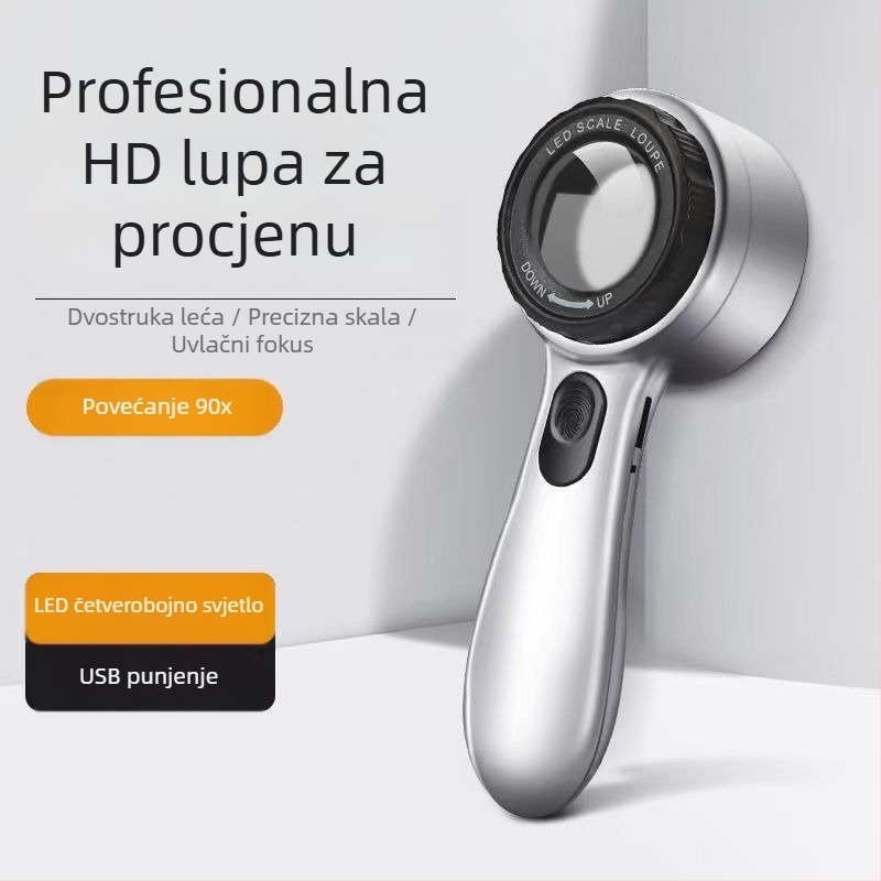 HD povećalo s LED svjetlom, prijenosno, s mjernom skalom, za identifikaciju, za nakit, kaligrafiju, slikanje i tkaninu, model 90