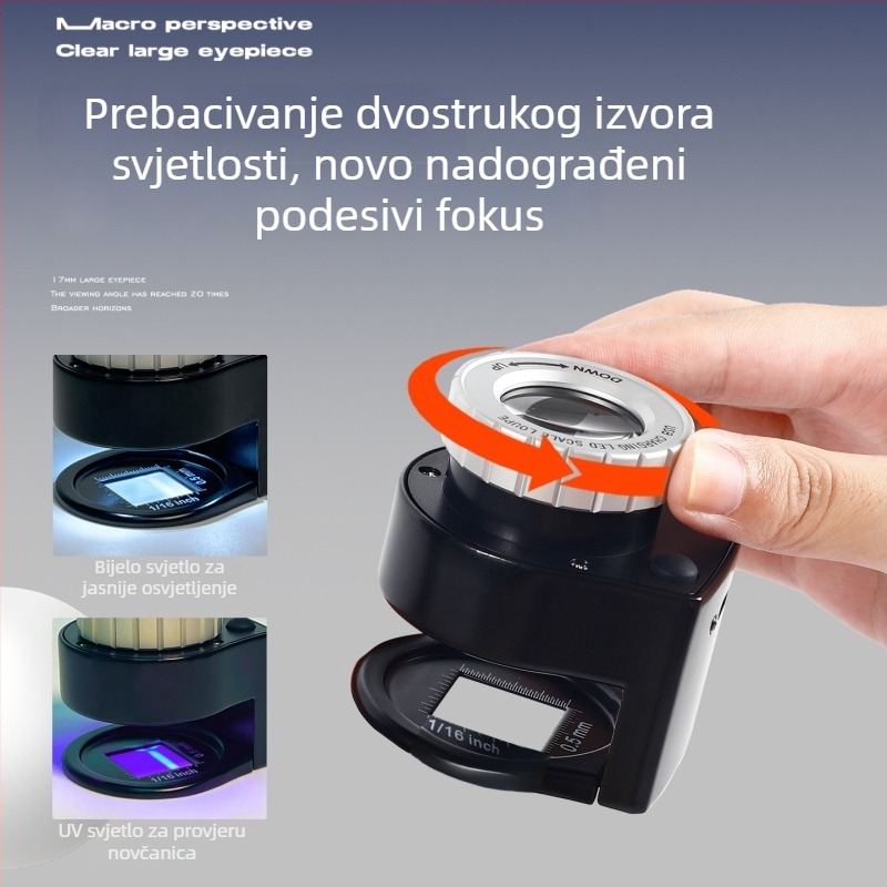 Ručni povećivač s dvostrukom LED rasvjetom, napajanje na baterije, podesivi fokus, za identifikaciju nakita i jadeita