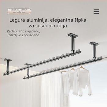 Vješalna šipka za balkon s gornjim montažom, fiksna, aluminijska legura, jedna šipka za vješanje odjeće