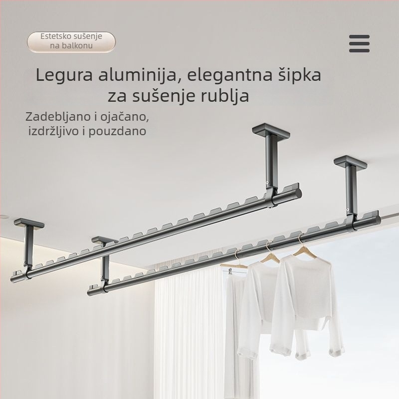 Vješalna šipka za balkon s gornjim montažom, fiksna, aluminijska legura, jedna šipka za vješanje odjeće