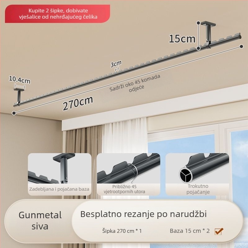 Vješalna šipka za balkon s gornjim montažom, fiksna, aluminijska legura, jedna šipka za vješanje odjeće