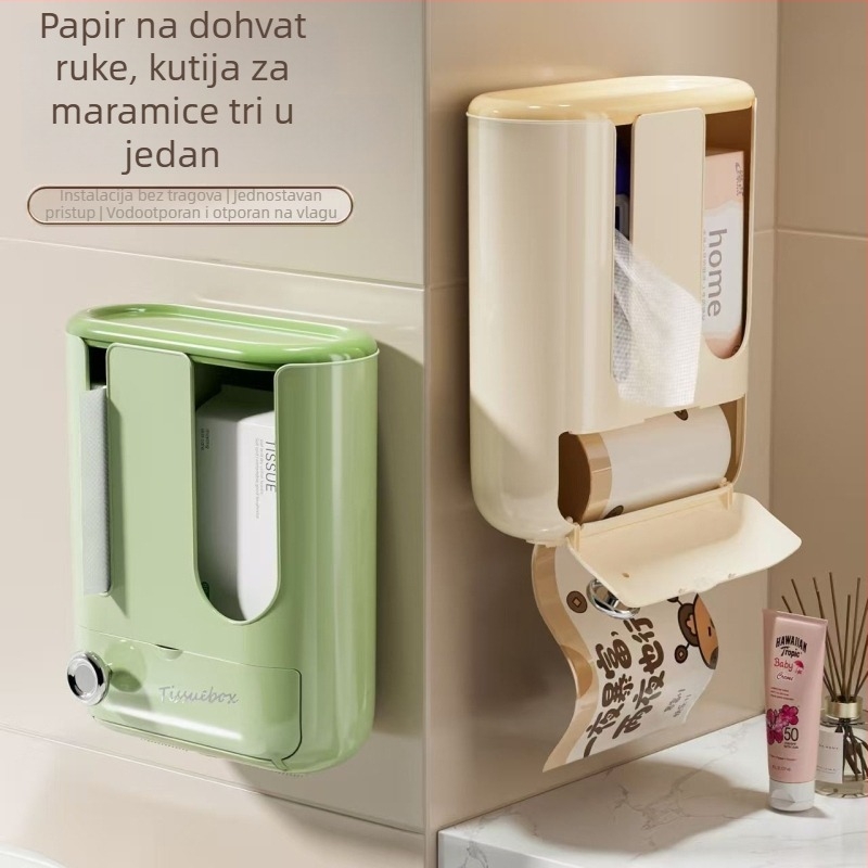 Zidni luksuzni držač za maramice za lice i rolu papirnate maramice, 3-u-1 organizator za papirnate ubruse i mokre maramice