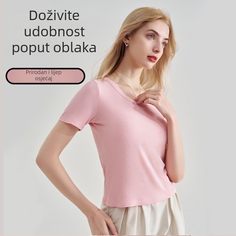 Ženski modalni top kratkih rukava, uski kroj, okrugli izrez, bijela, korejski stil, ljeto 2024