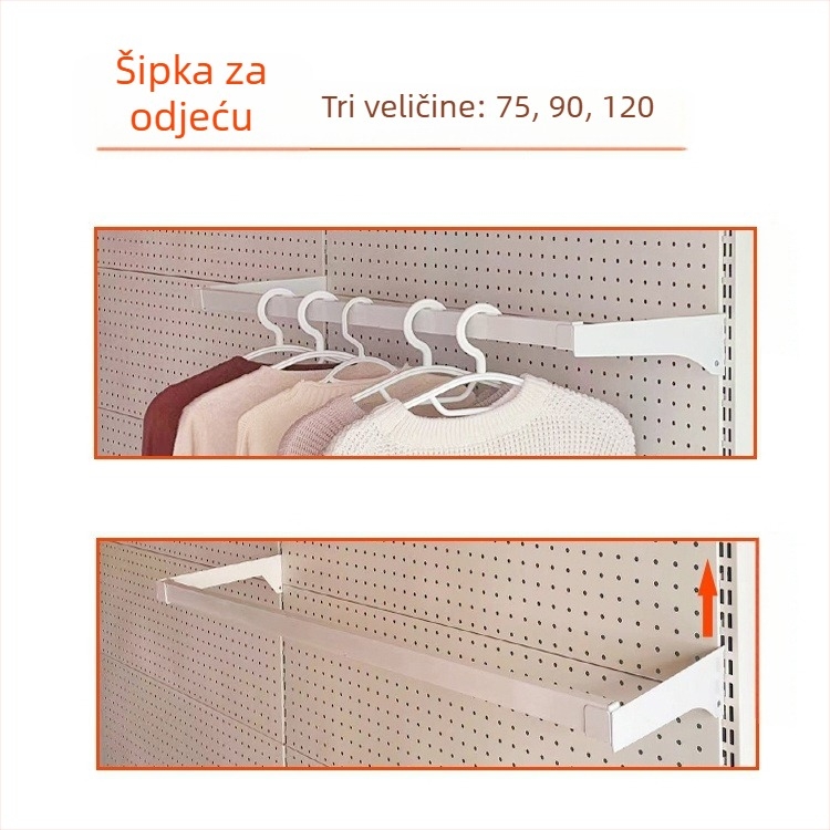Podni stalak za odjeću s perforiranom pločom, metalnim policama i šipkama za hlače