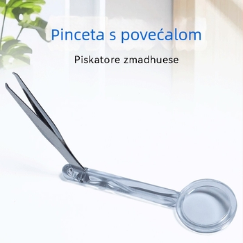 Lupa s pincetom, 5× povećanje – plastična, prozirna metalna lupa s pincetom – dodatak za komplet prve pomoći
