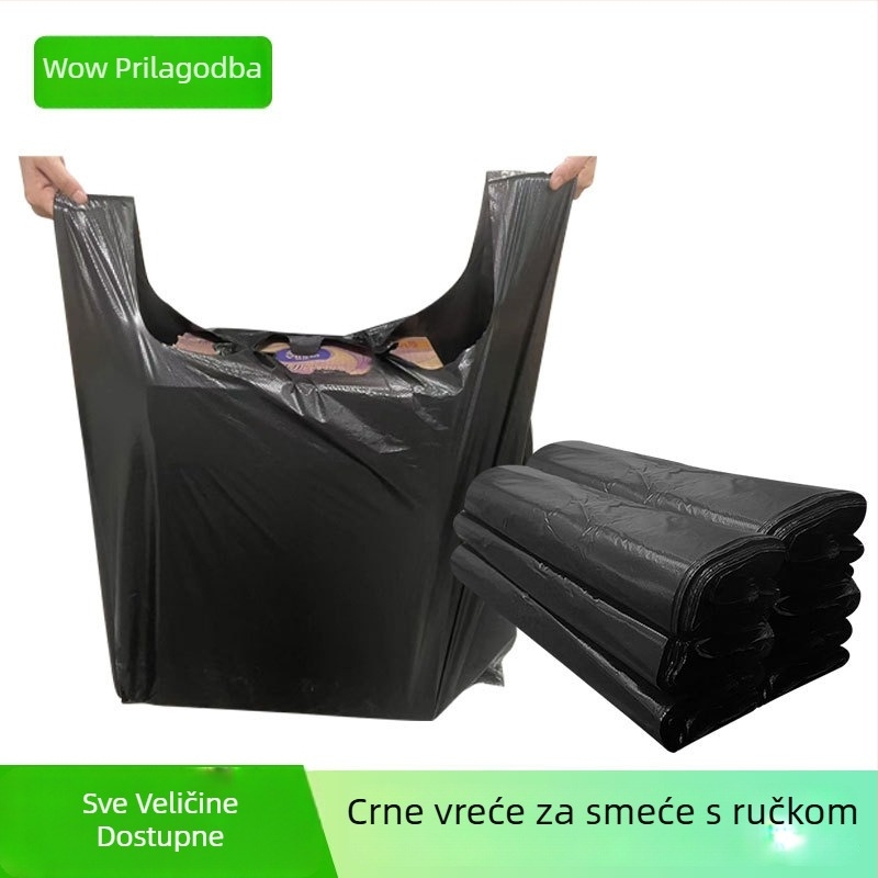 Crna debela velika jednokratna vreća za otpad u stilu veste, plastična, za kućanstvo, kuhinju, catering i dom.