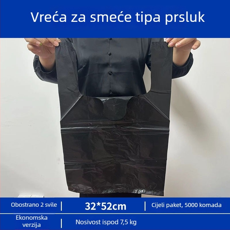 Crna debela velika jednokratna vreća za otpad u stilu veste, plastična, za kućanstvo, kuhinju, catering i dom.
