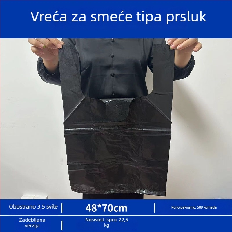 Crna debela velika jednokratna vreća za otpad u stilu veste, plastična, za kućanstvo, kuhinju, catering i dom.