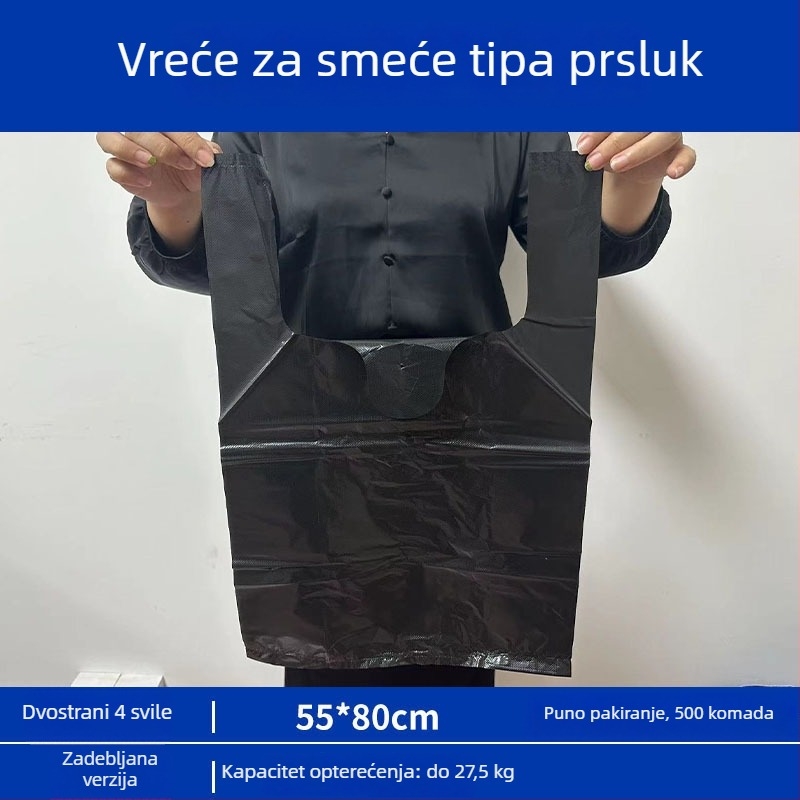 Crna debela velika jednokratna vreća za otpad u stilu veste, plastična, za kućanstvo, kuhinju, catering i dom.