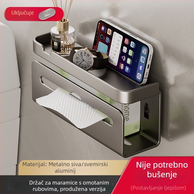 Zidni držač za papirnate maramice i toaletni papir, bez bušenja, za kupaonicu i kuhinju, aluminij siva, minimalistički stil