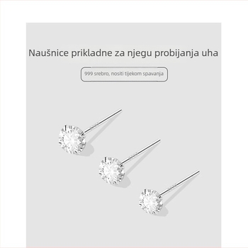 Naušnice od srebra 999 s cirkonom, male, s četiri kandže držačem, elegantne