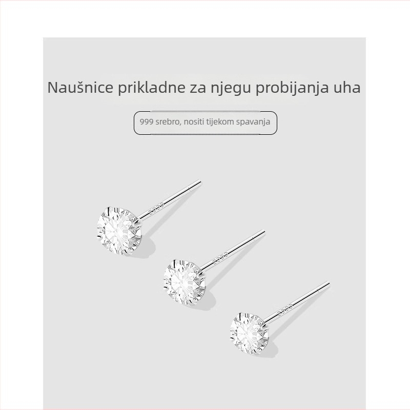 Naušnice od srebra 999 s cirkonom, male, s četiri kandže držačem, elegantne