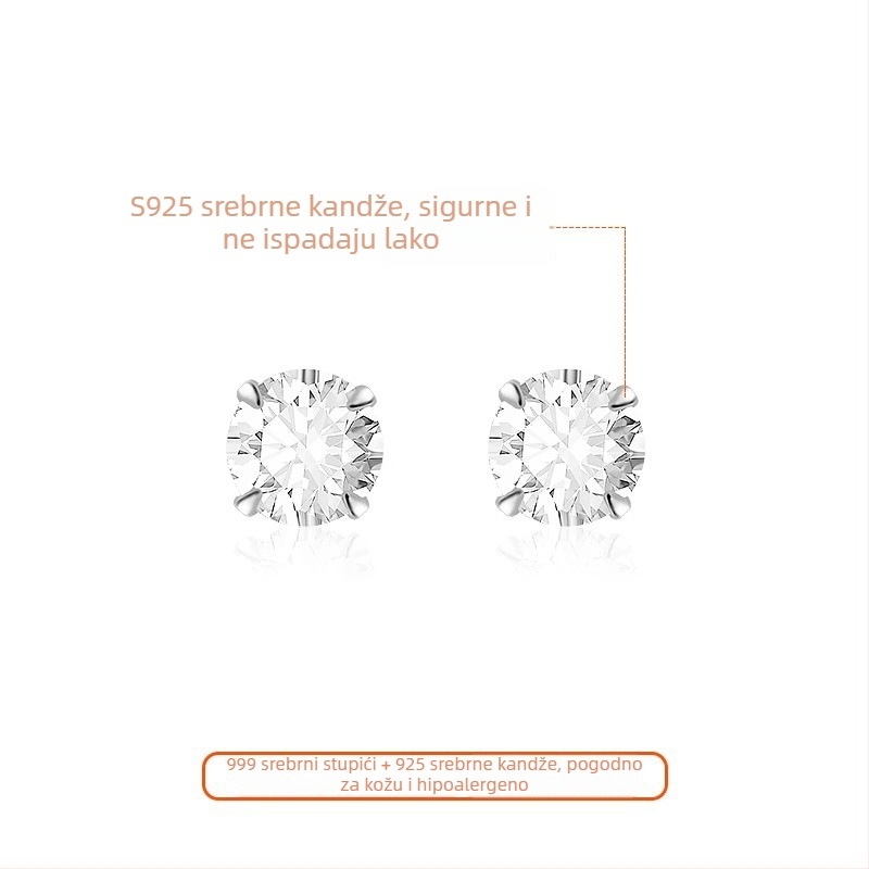 Naušnice od srebra 999 s cirkonom, male, s četiri kandže držačem, elegantne