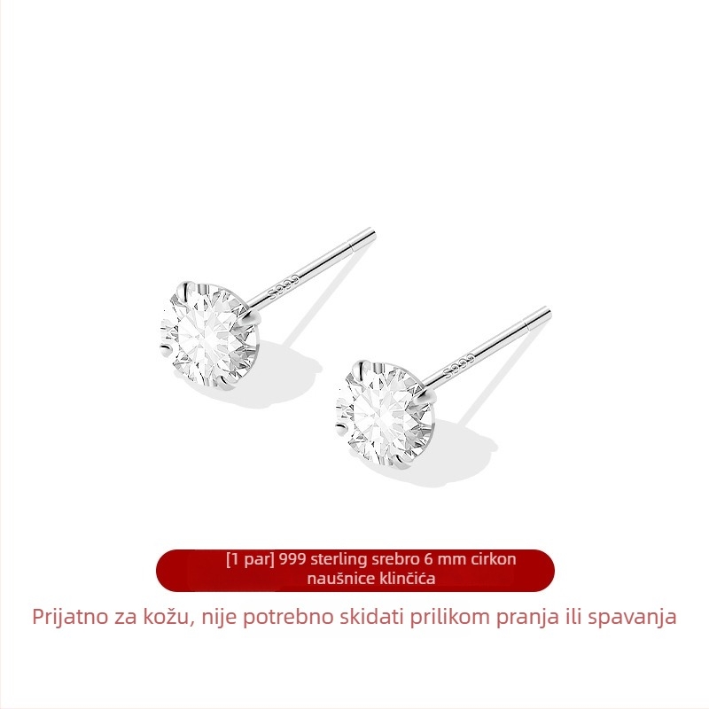 Naušnice od srebra 999 s cirkonom, male, s četiri kandže držačem, elegantne