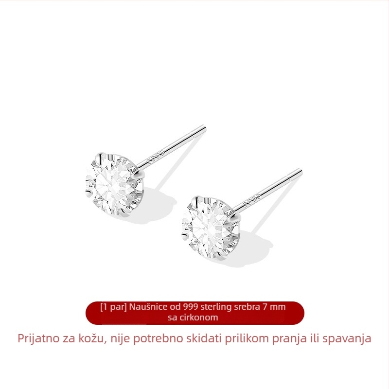 Naušnice od srebra 999 s cirkonom, male, s četiri kandže držačem, elegantne