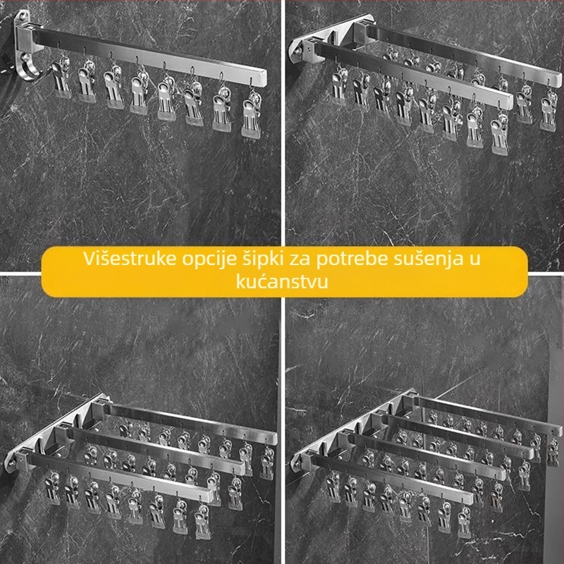 Sklopivi zidni sušilo za rublje s višestrukim kopčama za balkon, 304 nehrđajući čelik, unutarnja i vanjska uporaba, otporan na vjetar