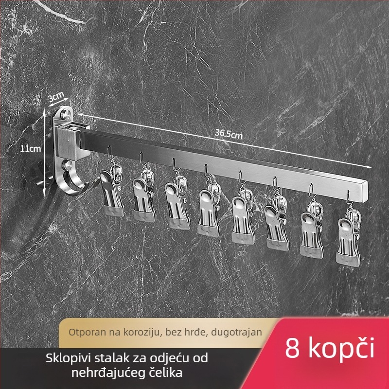 Sklopivi zidni sušilo za rublje s višestrukim kopčama za balkon, 304 nehrđajući čelik, unutarnja i vanjska uporaba, otporan na vjetar