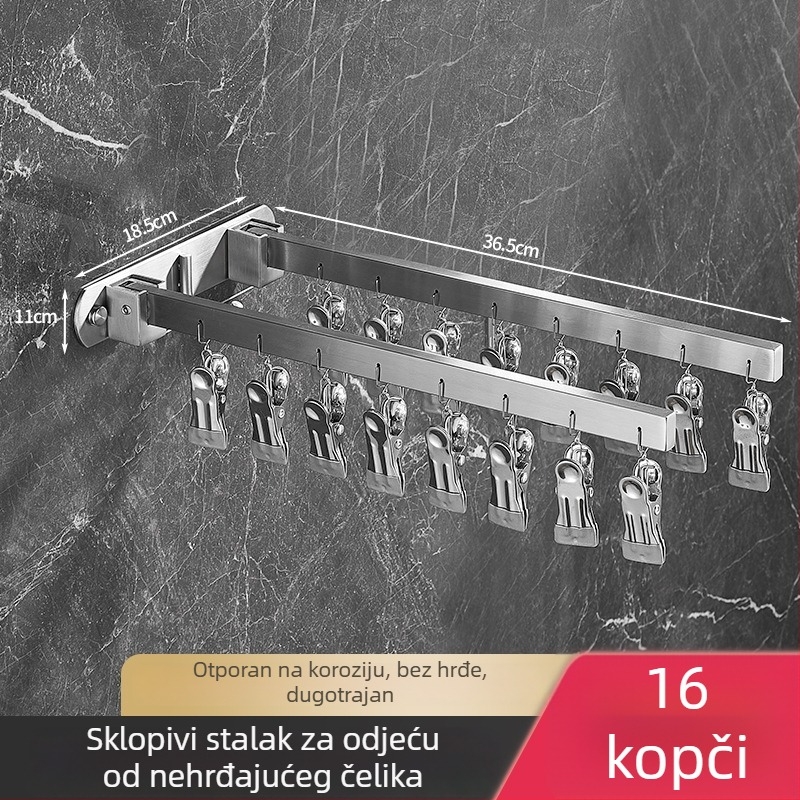 Sklopivi zidni sušilo za rublje s višestrukim kopčama za balkon, 304 nehrđajući čelik, unutarnja i vanjska uporaba, otporan na vjetar