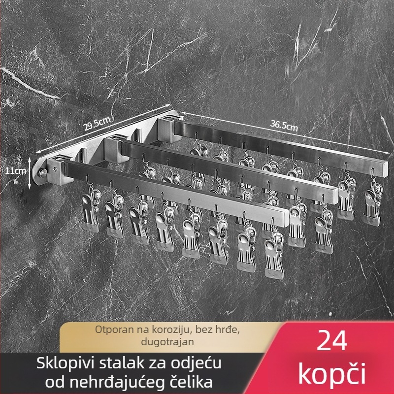 Sklopivi zidni sušilo za rublje s višestrukim kopčama za balkon, 304 nehrđajući čelik, unutarnja i vanjska uporaba, otporan na vjetar
