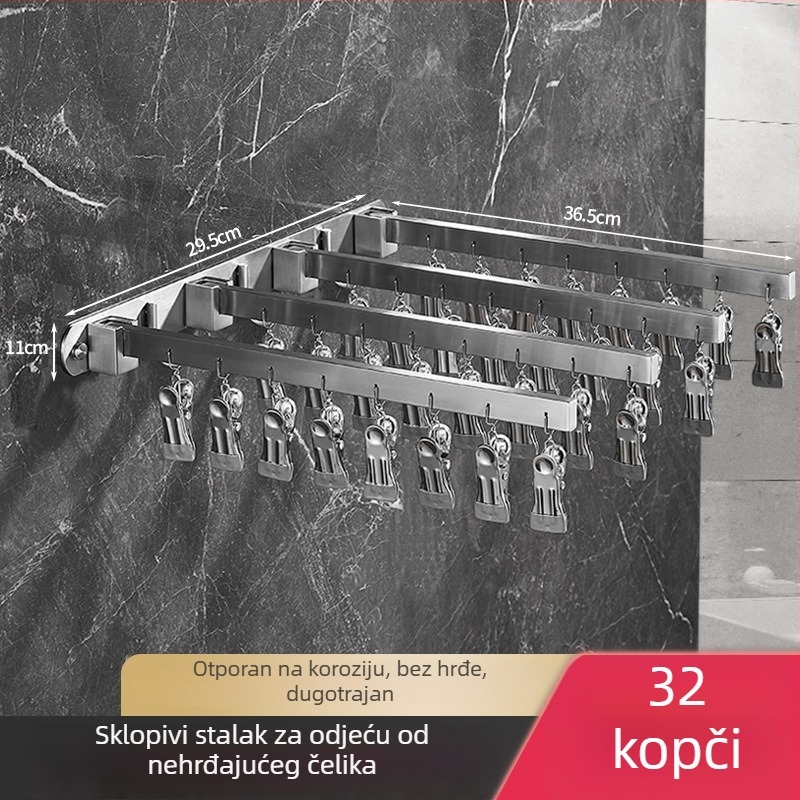 Sklopivi zidni sušilo za rublje s višestrukim kopčama za balkon, 304 nehrđajući čelik, unutarnja i vanjska uporaba, otporan na vjetar