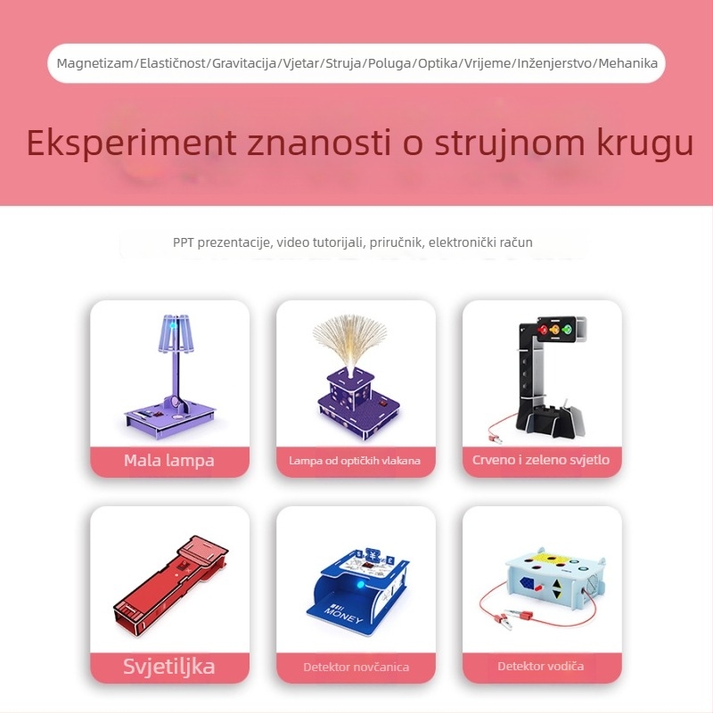 DIY komplet za fizičke eksperimente: sklopka na električni krug, stolna lampa s optičkim vlaknom, svjetiljka, detektor novca i materijali za izradu
